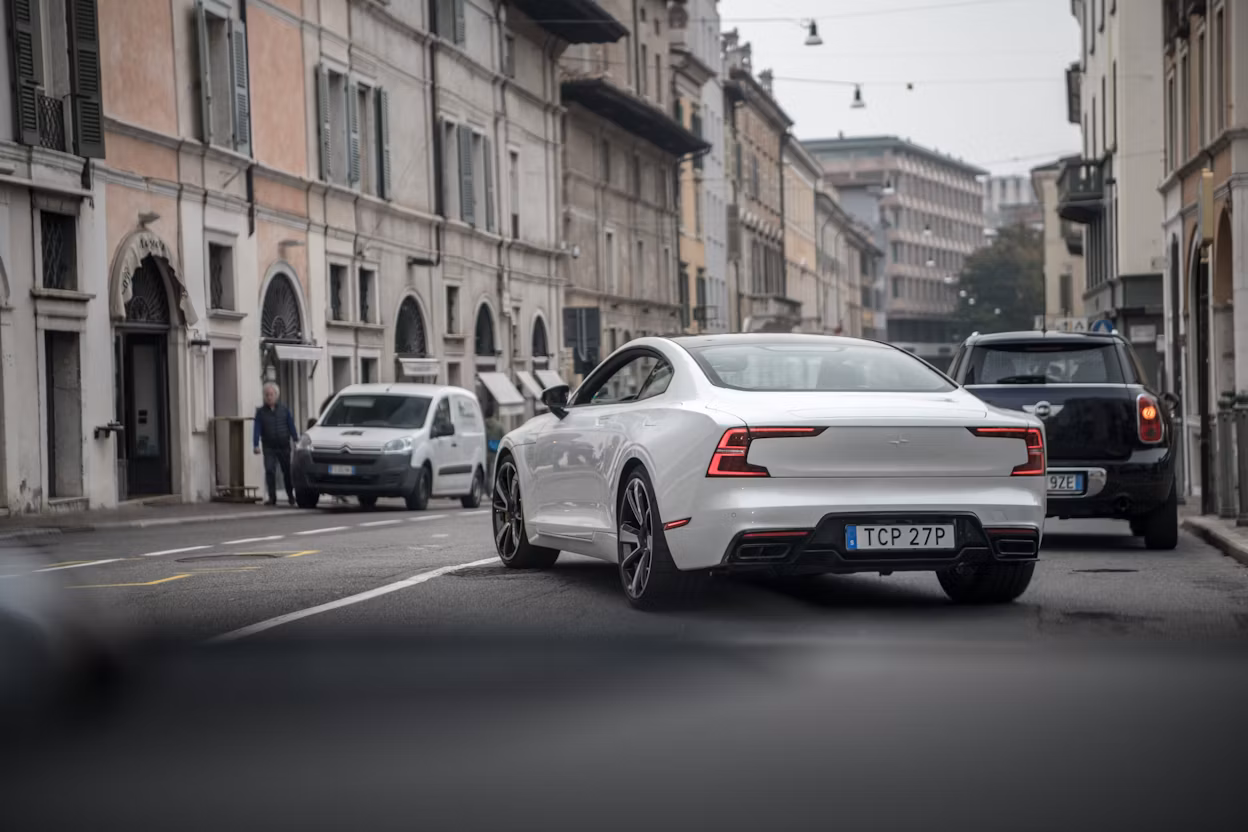 Back view of a white Polestar 1 at 1000 Miglia.