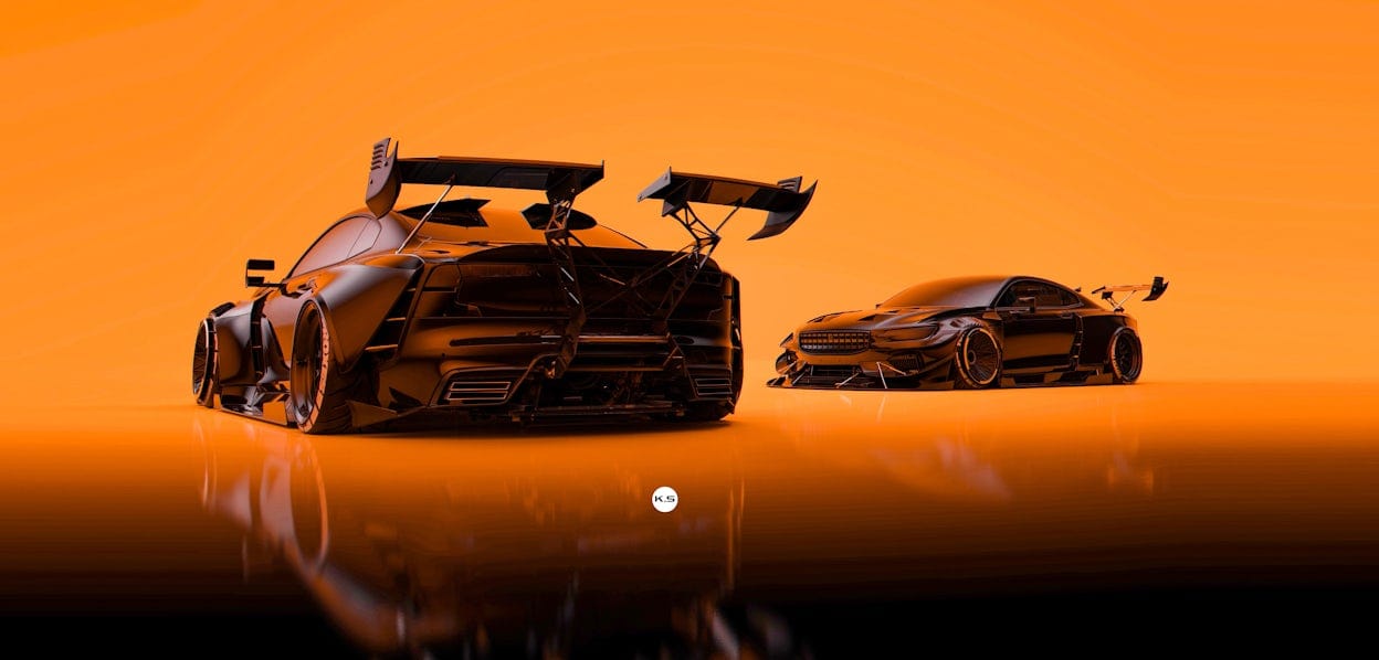Polestar 1 digital art with with wider body and double-spoilers on orange background