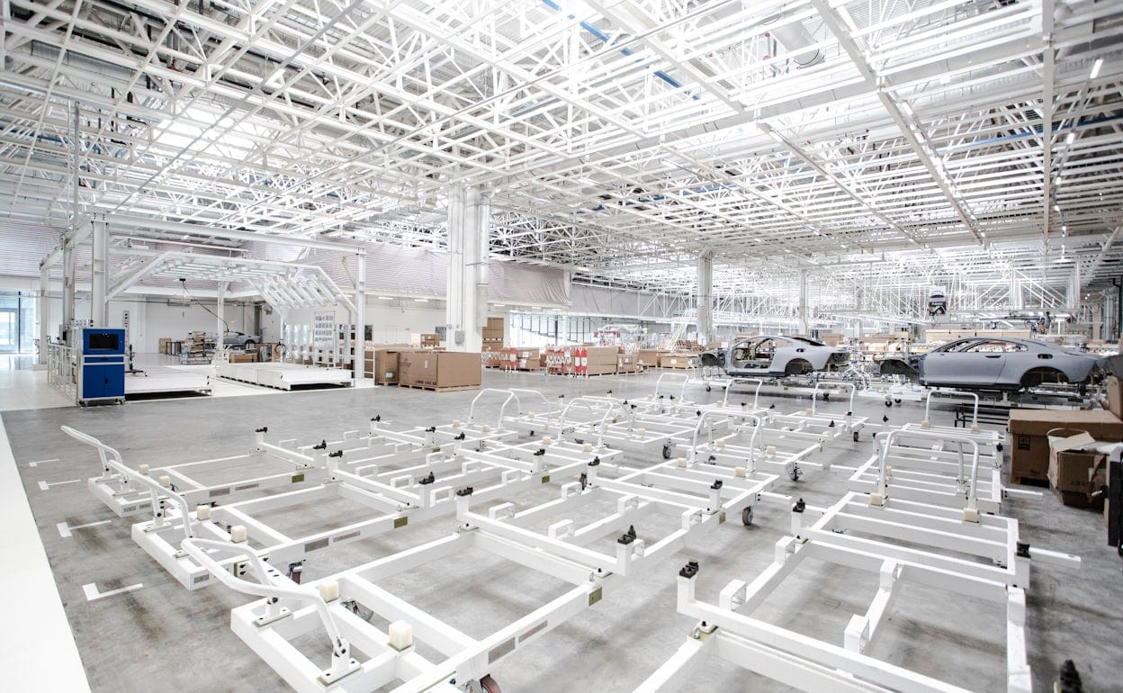 Three Polestar chassis on the production floor at the Polestar Production Centre in Chengdu, China