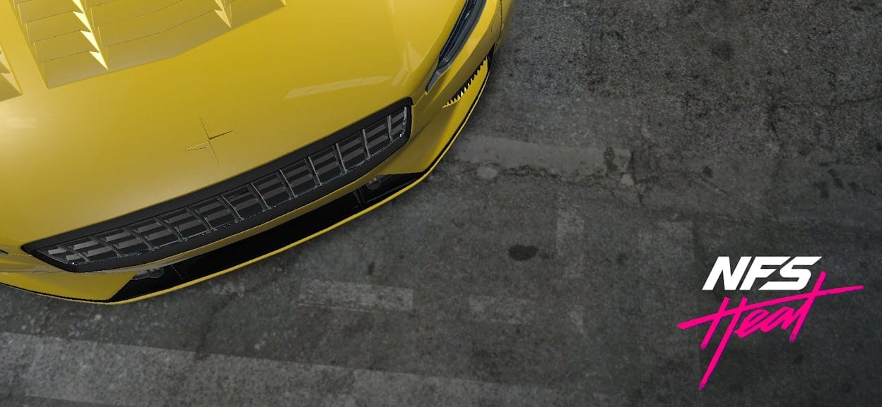 Close-up of the front of a yellow Polestar and the logo NFS Heat.