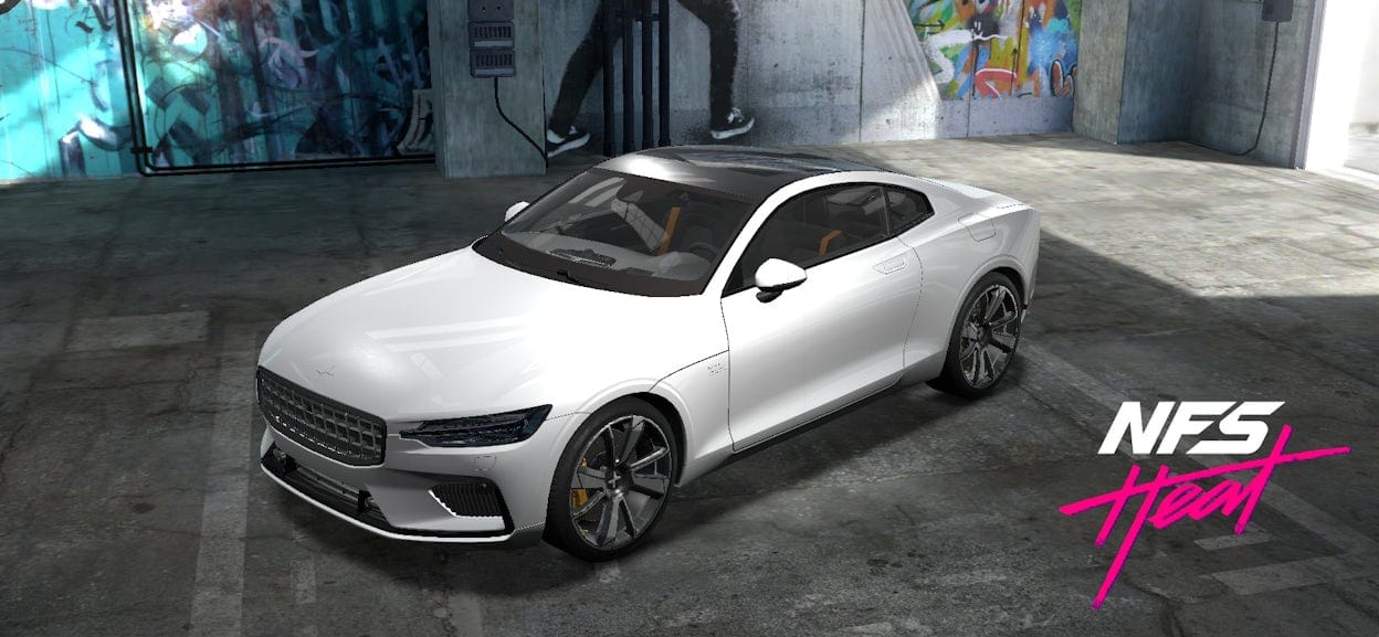 Animation of a white Polestar in a concrete garage with street art and the NFS Heat logo.