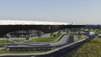 Roads and green grass in front of the Polestar Production Centre in Chengdu, China