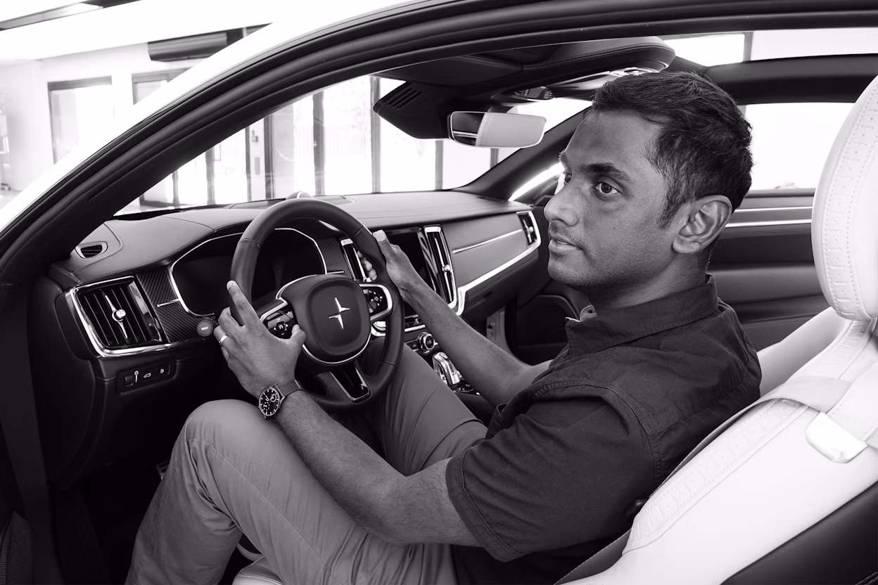 Aloka Muddukrishna sitting in the driver's seat of a Polestar.
