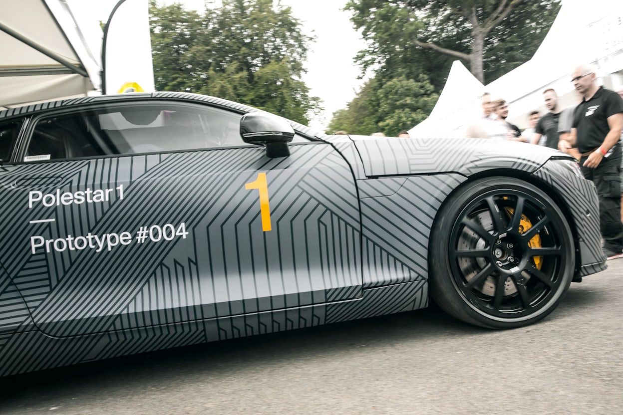 A grey, patterned Polestar 1 with the text Prototype #004.