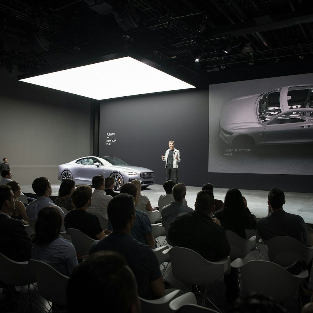 A person and a silver Polestar 1 on stage in New York