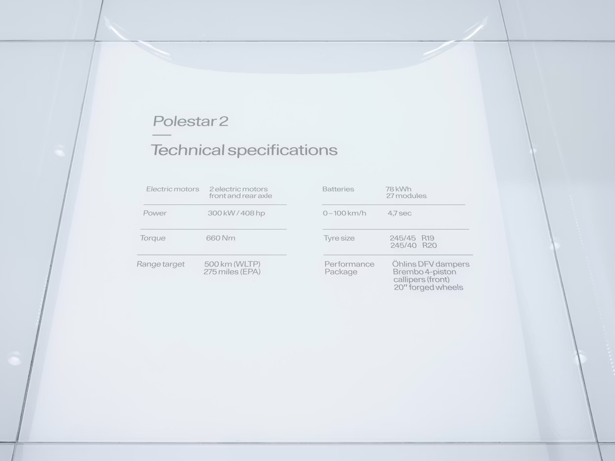 Polestar 2 Technical specifications written on a white surface.