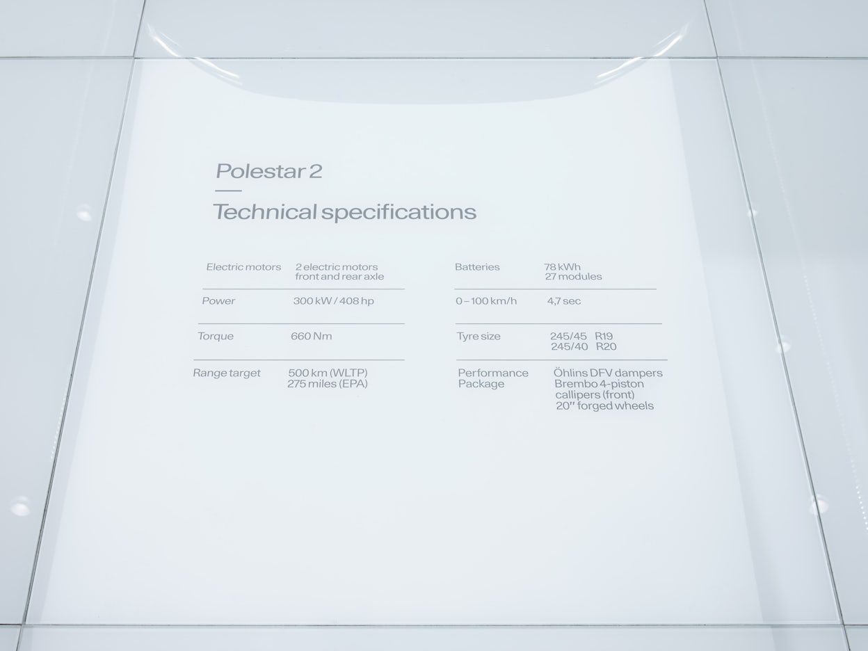 Polestar 2 Technical specifications written on a white surface.