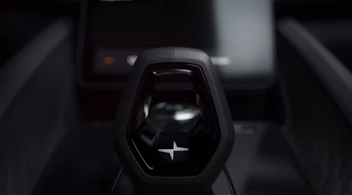 Close-up of the gear shift in a Polestar car.