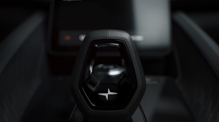 Close-up of the gear shift in a Polestar car.