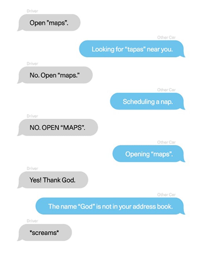A frustrating iMessage conversation between a driver and a software bot.