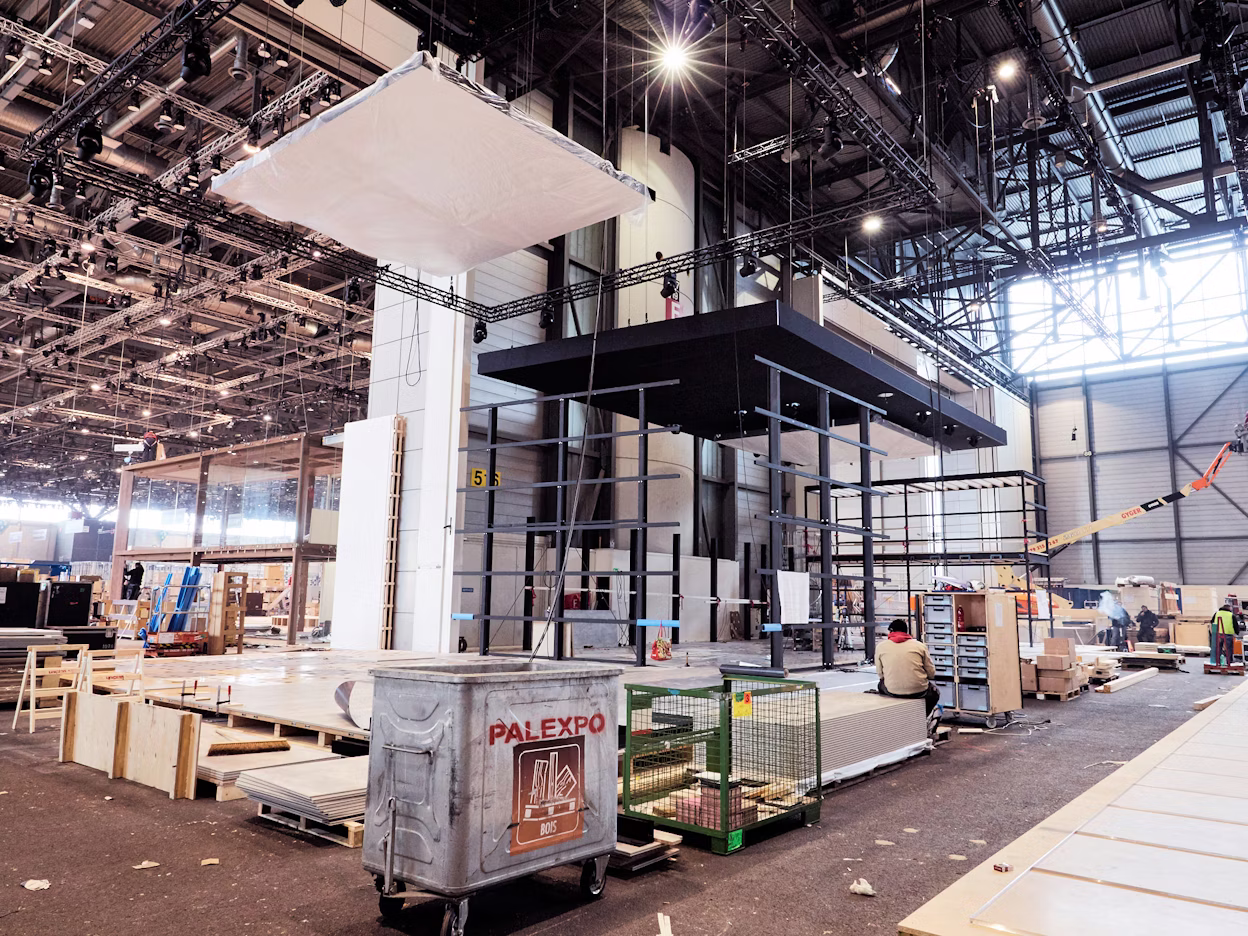A construction site at the Geneva International Motor Show 2018.