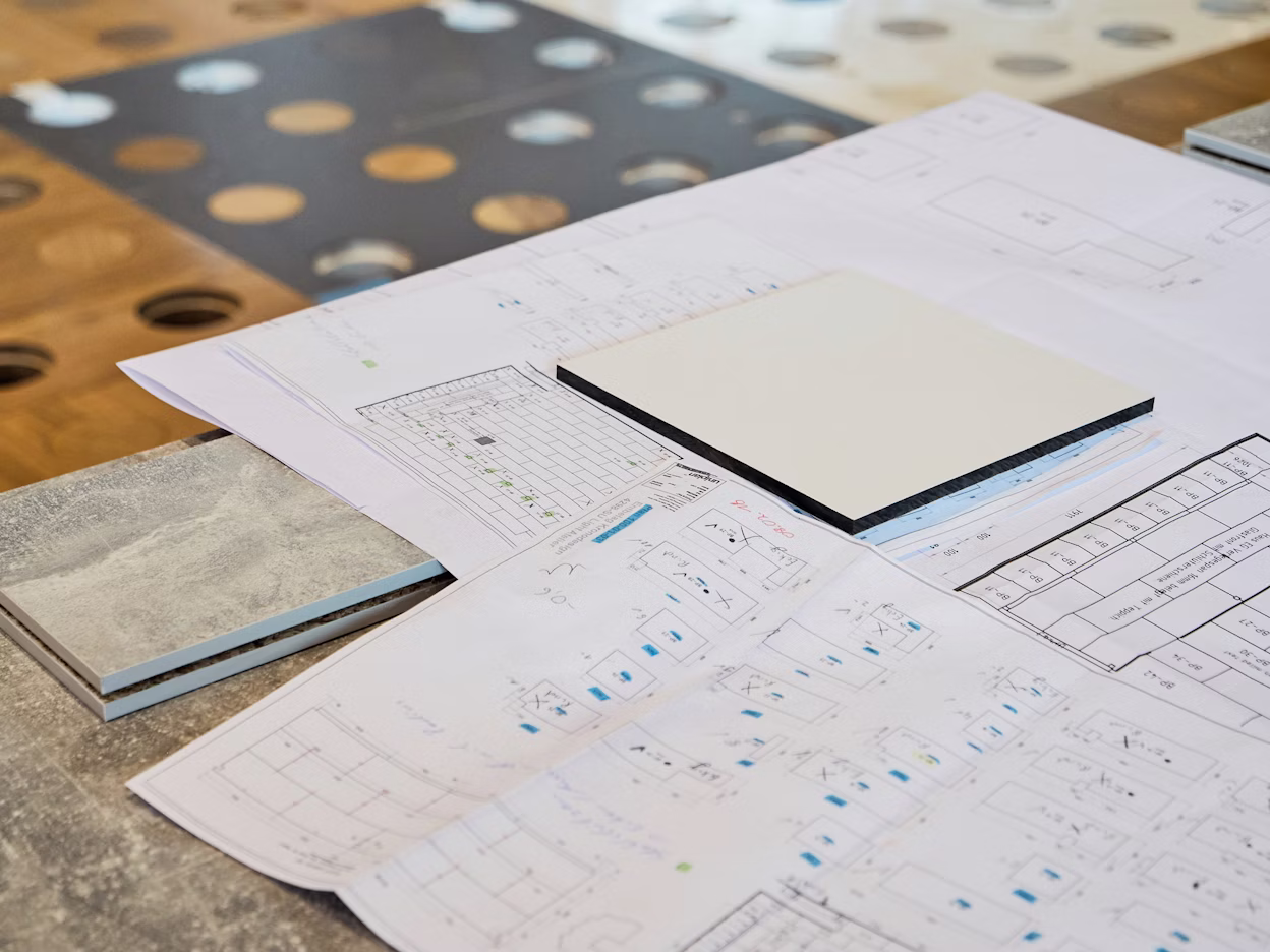 Blueprints lying on a table.
