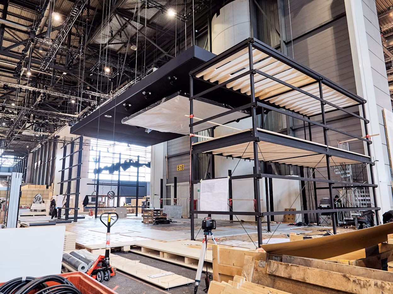 Construction site inside a big warehouse.