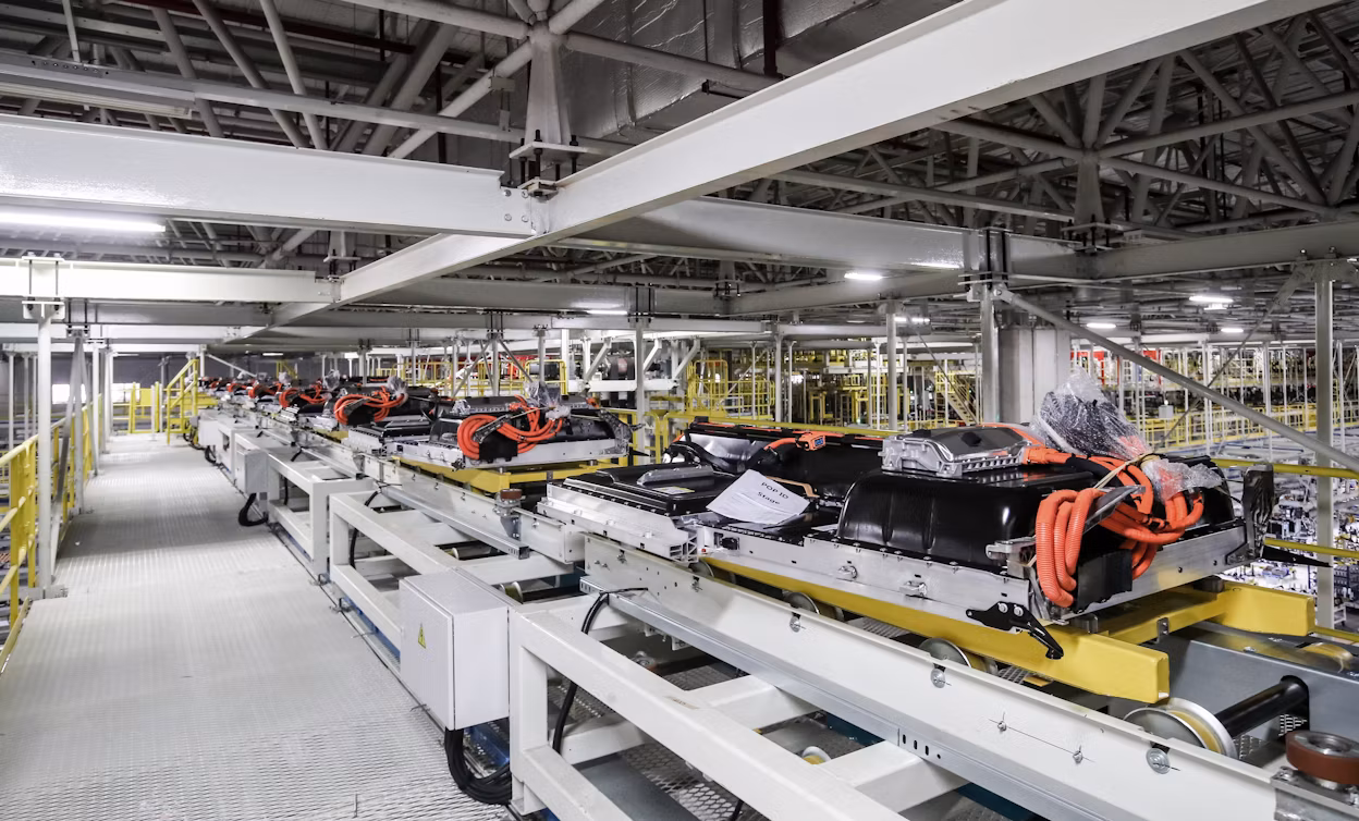 A line of Polestar 2 chassis on the production floor in Luqiao production facility.