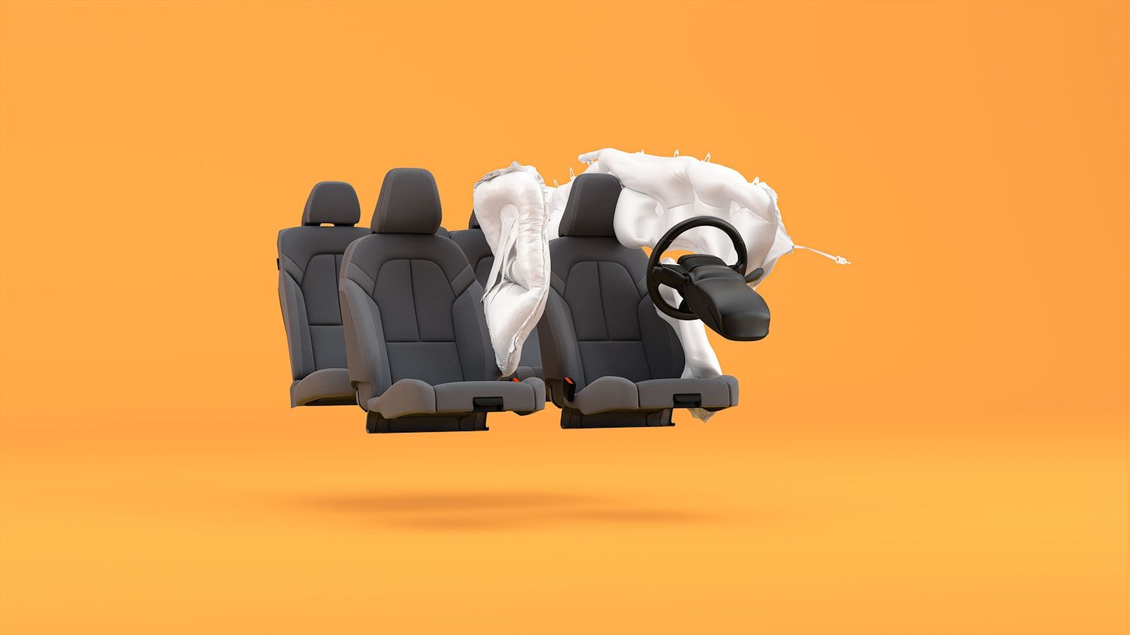 Orange background with four floating car seats showing inner-side airbags