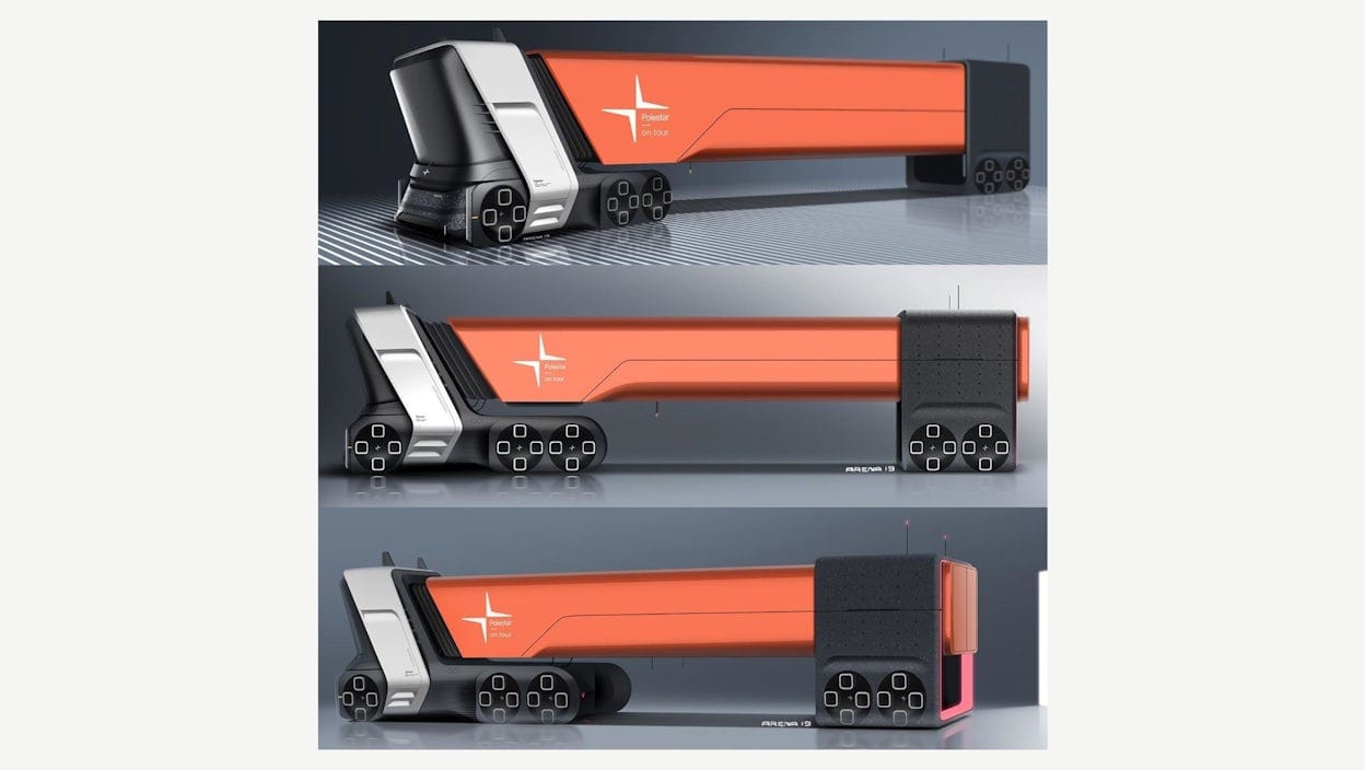 Concept model of a vibrant orange 10-wheeler truck adorned with the iconic Polestar logo, designed by Bruno Arena
