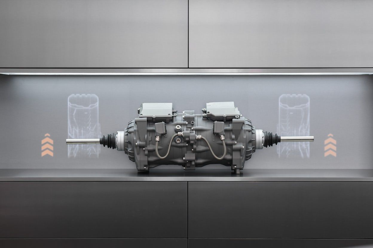 A Polestar part on display in a grey cabinet