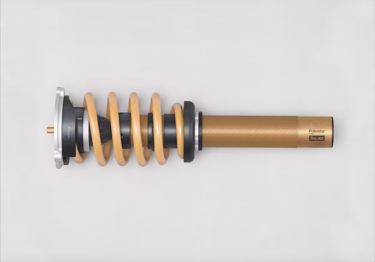 Close-up of Öhlins adjustable Dual Flow Valve dampers.