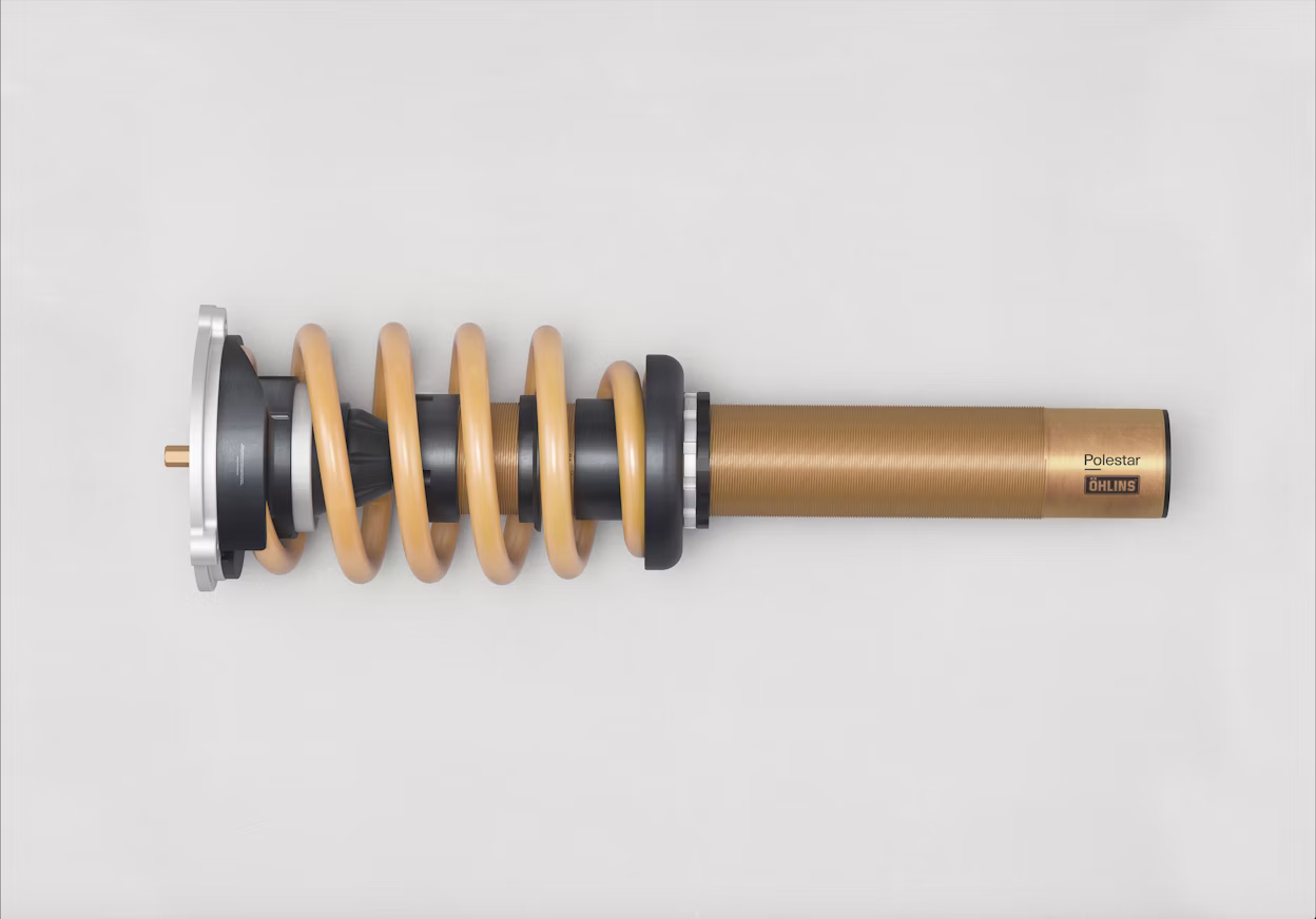 Close-up of Öhlins adjustable Dual Flow Valve dampers.