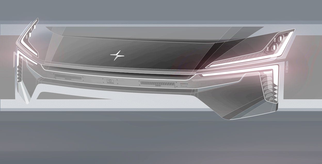 Sketch of the Precept headlamp design, showing a Polestar's front end with illuminated headlights.