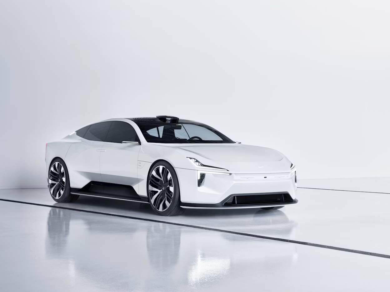 Side view of a Polestar 2 in the colour Snow White.