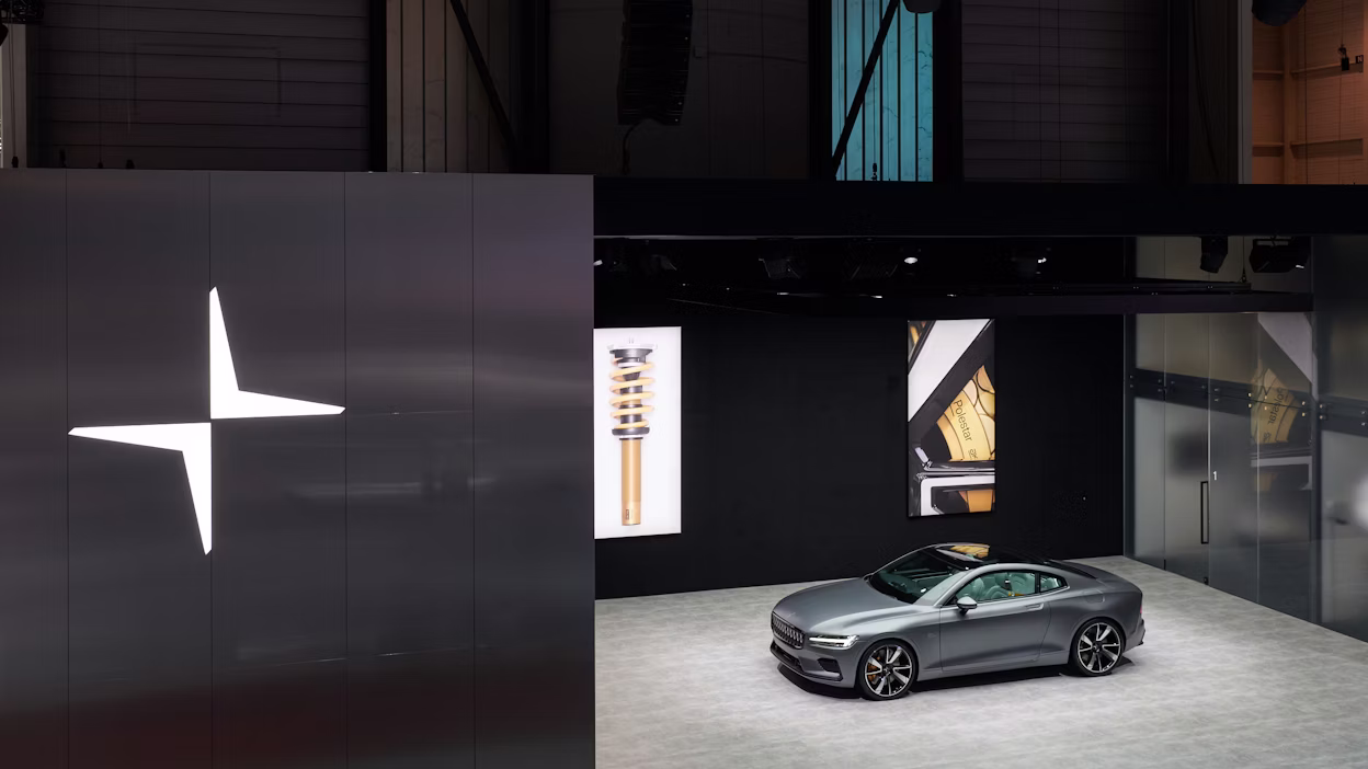 A grey Polestar in the Polestar stand at the Geneva International Motor Show 2018