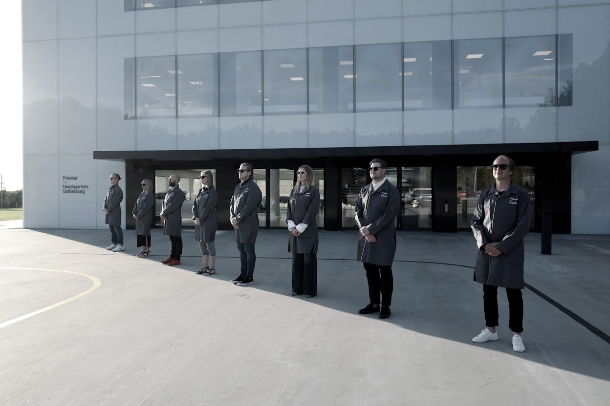 The Polestar brand department lined up in front of the Polestar headquarters in Gothenburg.