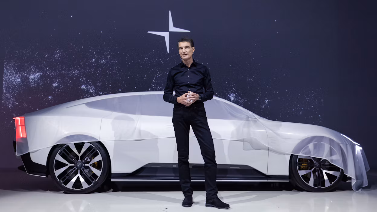 Polestar CEO Thomas Ingenlath presents the Polestar Precept in Beijing.