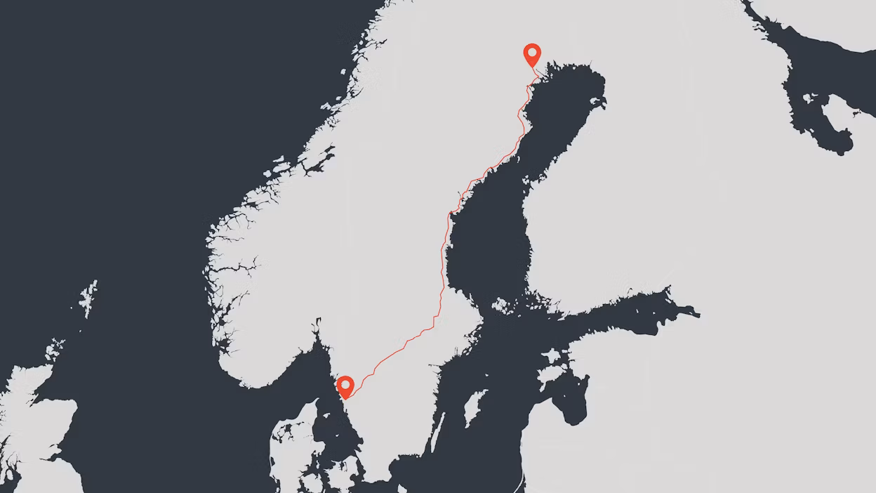 A map of Scandinavia with a red line from the North to the South of Sweden.