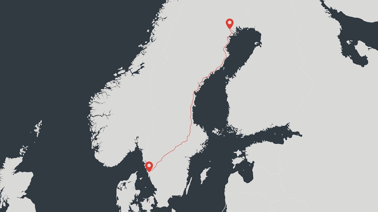 A map of Scandinavia with a red line from the North to the South of Sweden