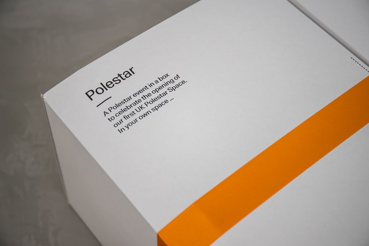 The outside of the space opening kit delivered to journalists for the opening of Polestar London.