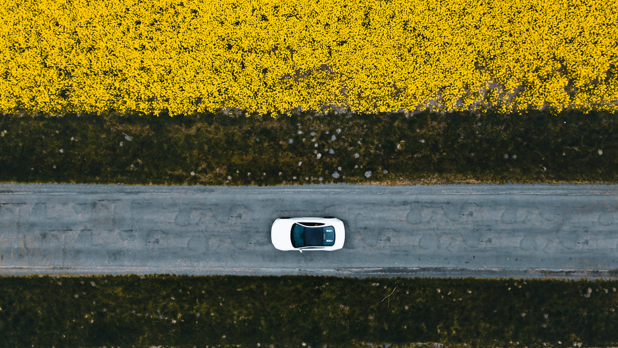A white Polestar on a road alongside a yellow field viewed from above