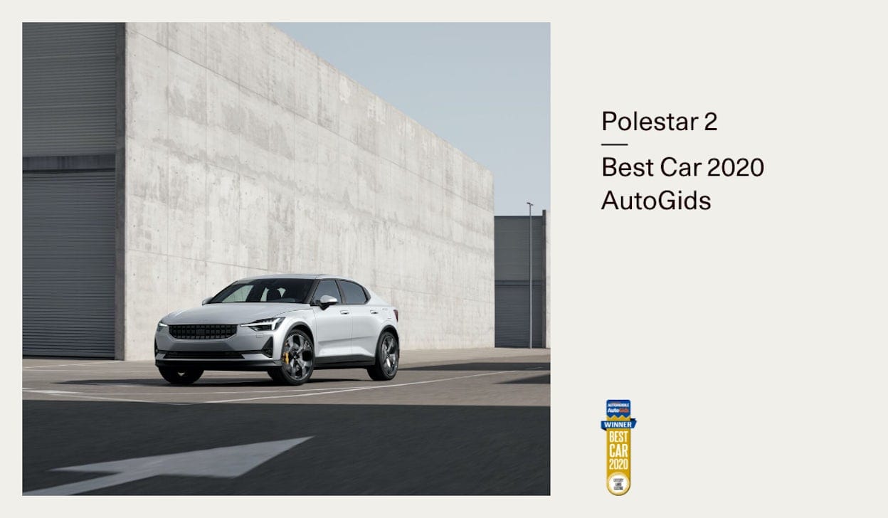 Polestar 2 and the text Polestar 2 Best Car 2020 AutoGids