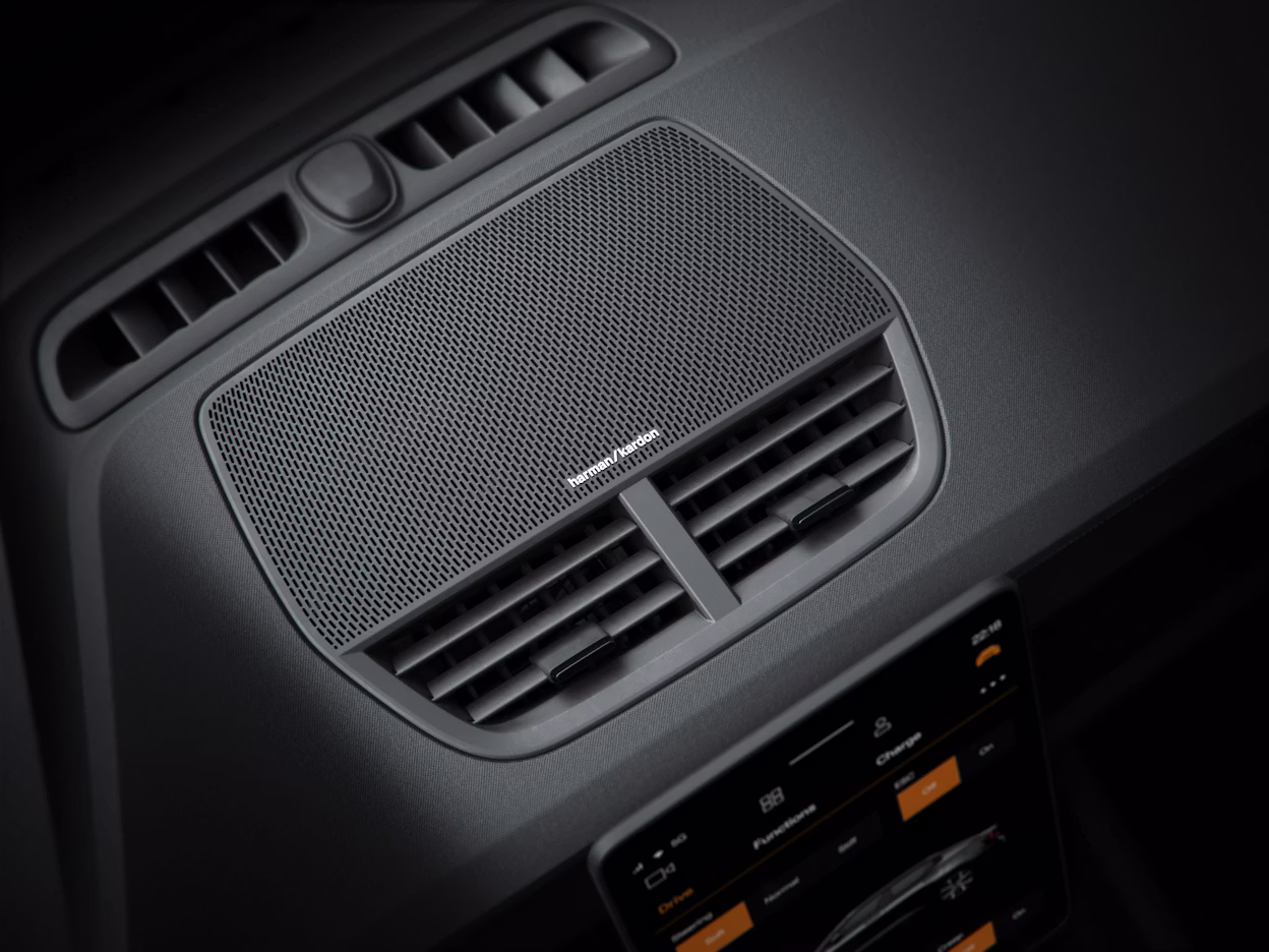 Close-up of the Harman Kardon audio system in a Polestar 2