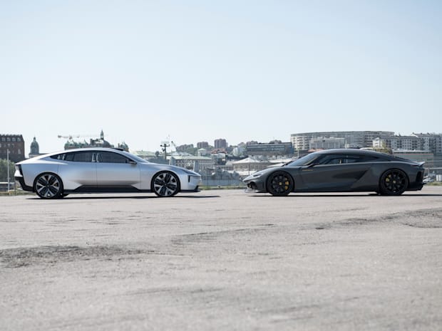 Polestar and Koenigsegg collaboration showing the Polestar and an other car against a city background