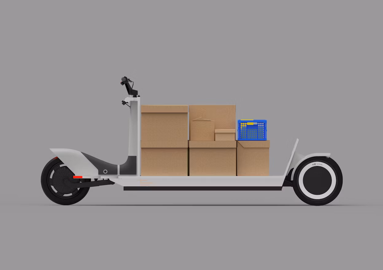 Electric cargo scooter carrying cardboard boxes and a blue crate on a flat platform against a gray background.