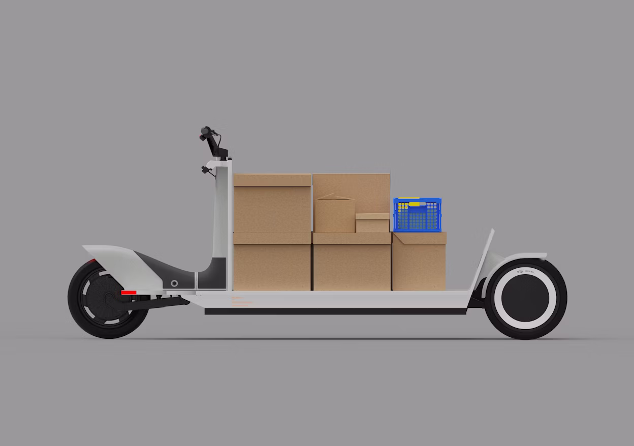 Electric cargo scooter carrying cardboard boxes and a blue crate on a flat platform against a gray background.