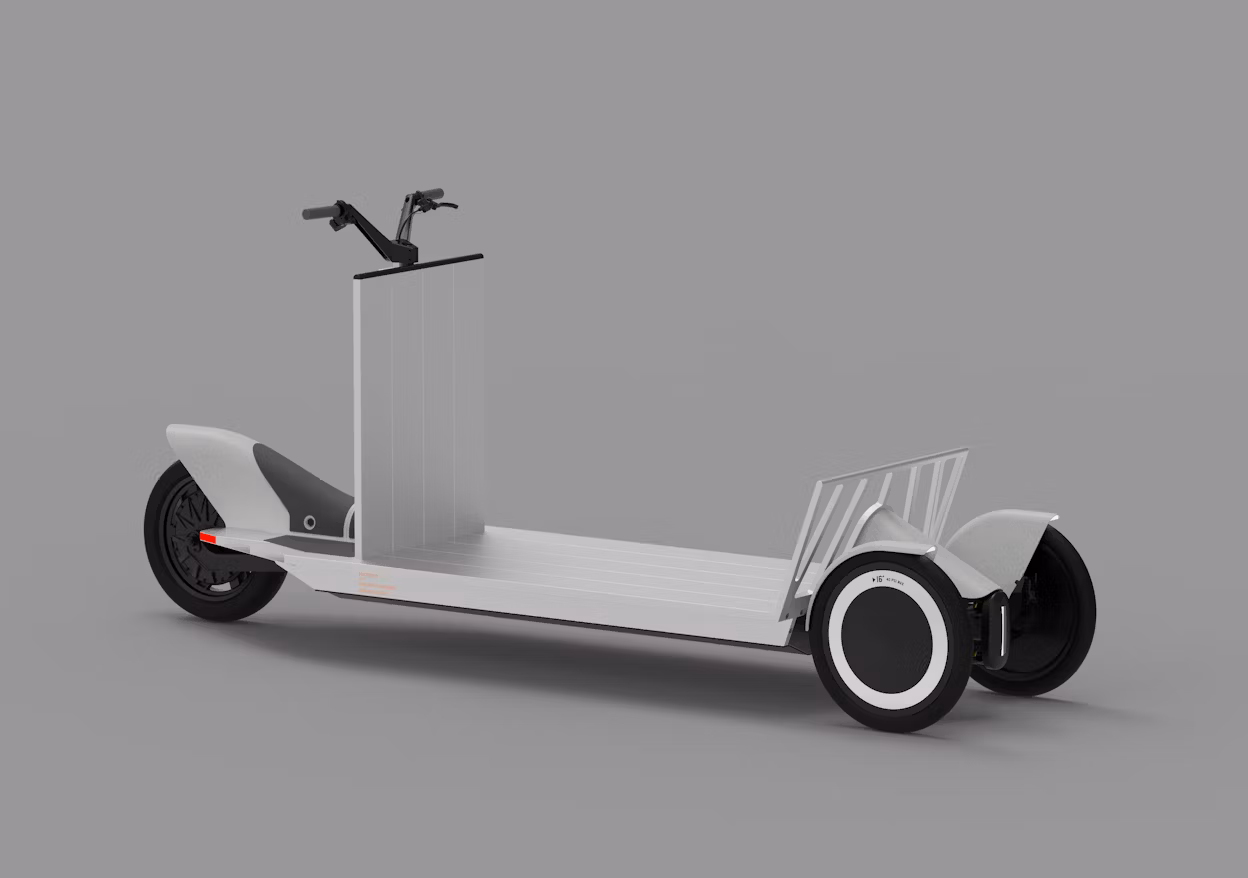 Three-wheeled electric cargo scooter with handlebars, a flat deck, and a rear storage rack.