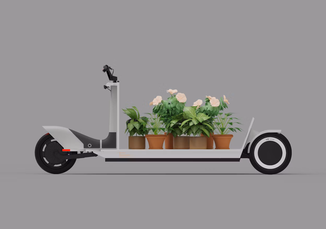 Electric scooter carrying potted plants on its flatbed platform, against a gray background.