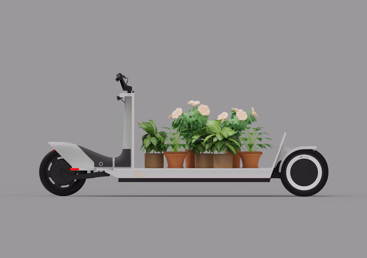Electric scooter carrying potted plants on its flatbed platform, against a gray background.