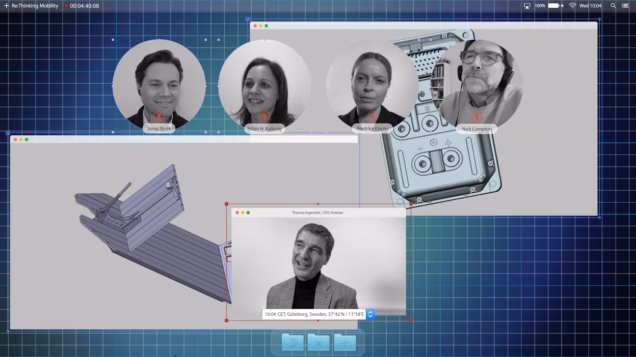 Virtual meeting interface displaying labeled attendees, mechanical CAD designs, and a window showing Thomas Ingenlath, former CEO of Polestar.