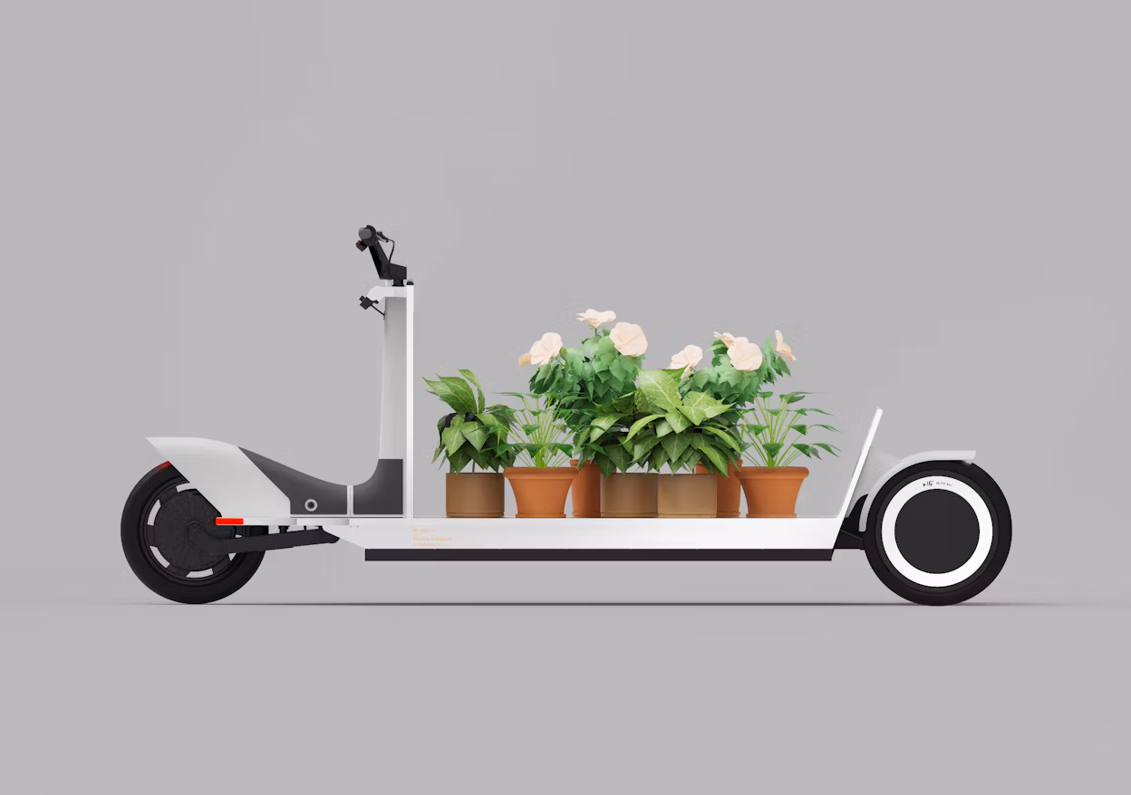 Electric scooter with a flatbed carrying potted plants in terracotta pots, against a plain gray background.