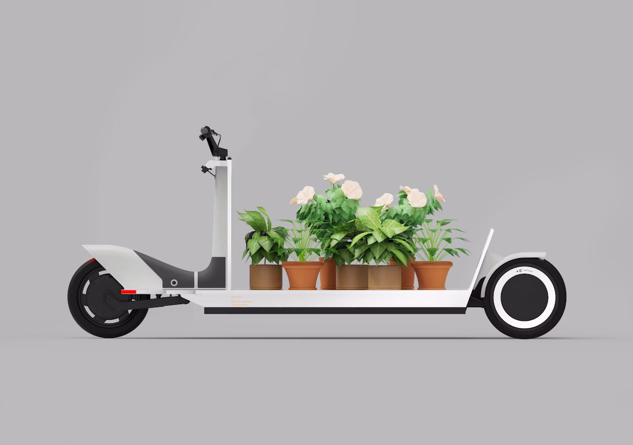 Electric scooter with a flatbed carrying potted plants in terracotta pots, against a plain gray background.