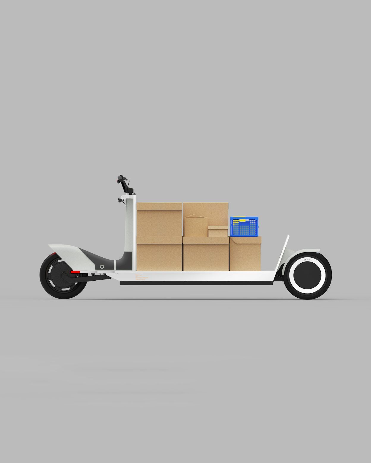 Cardboard boxes in different sizes placed on an elongated white electric bike.