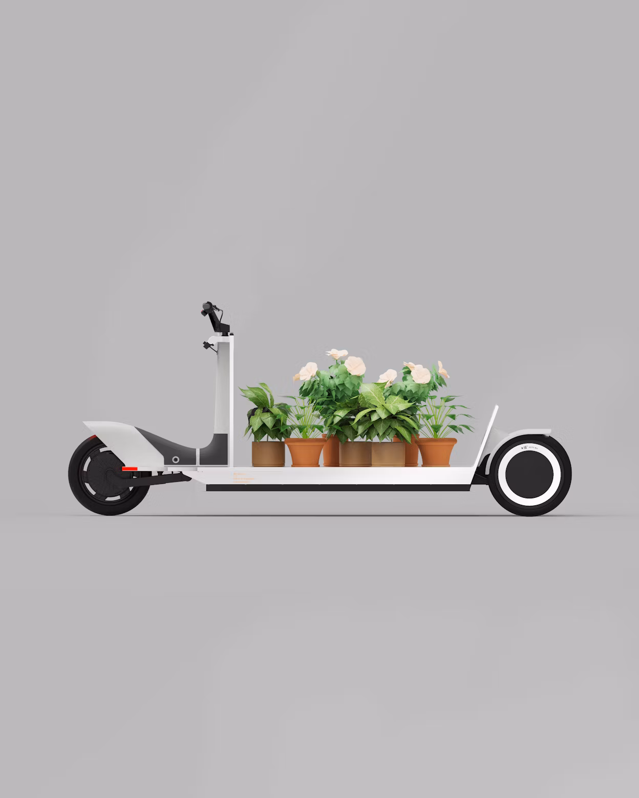Electric scooter with a flatbed carrying potted plants in terracotta pots, against a plain gray background.