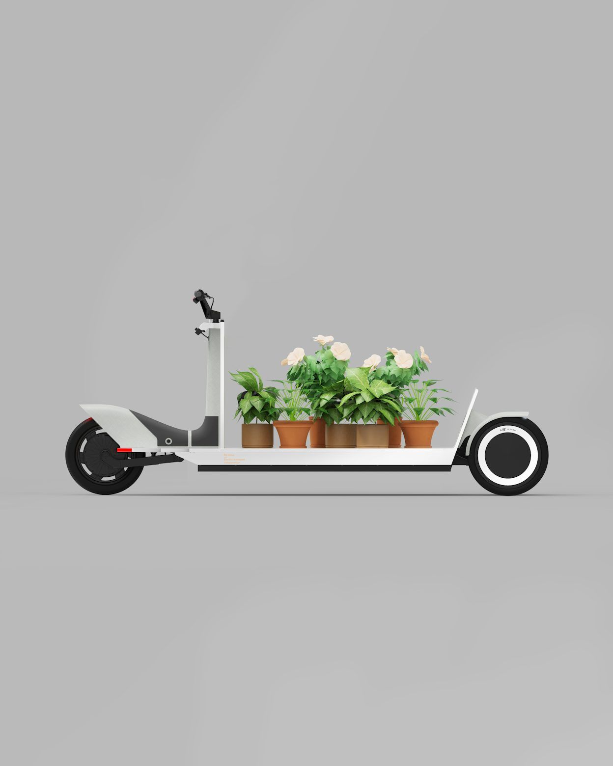 Flower pots placed on an elongated white electric bike with black wheels.