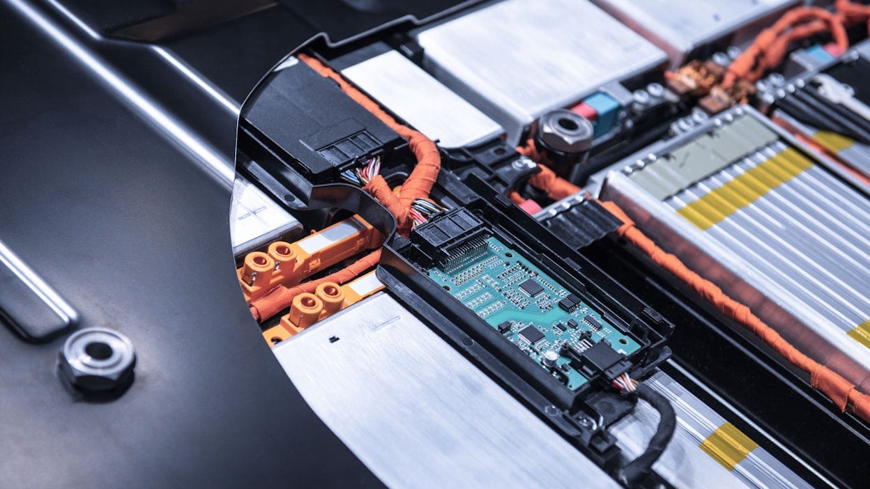 Close up of components inside a Polestar electric battery.