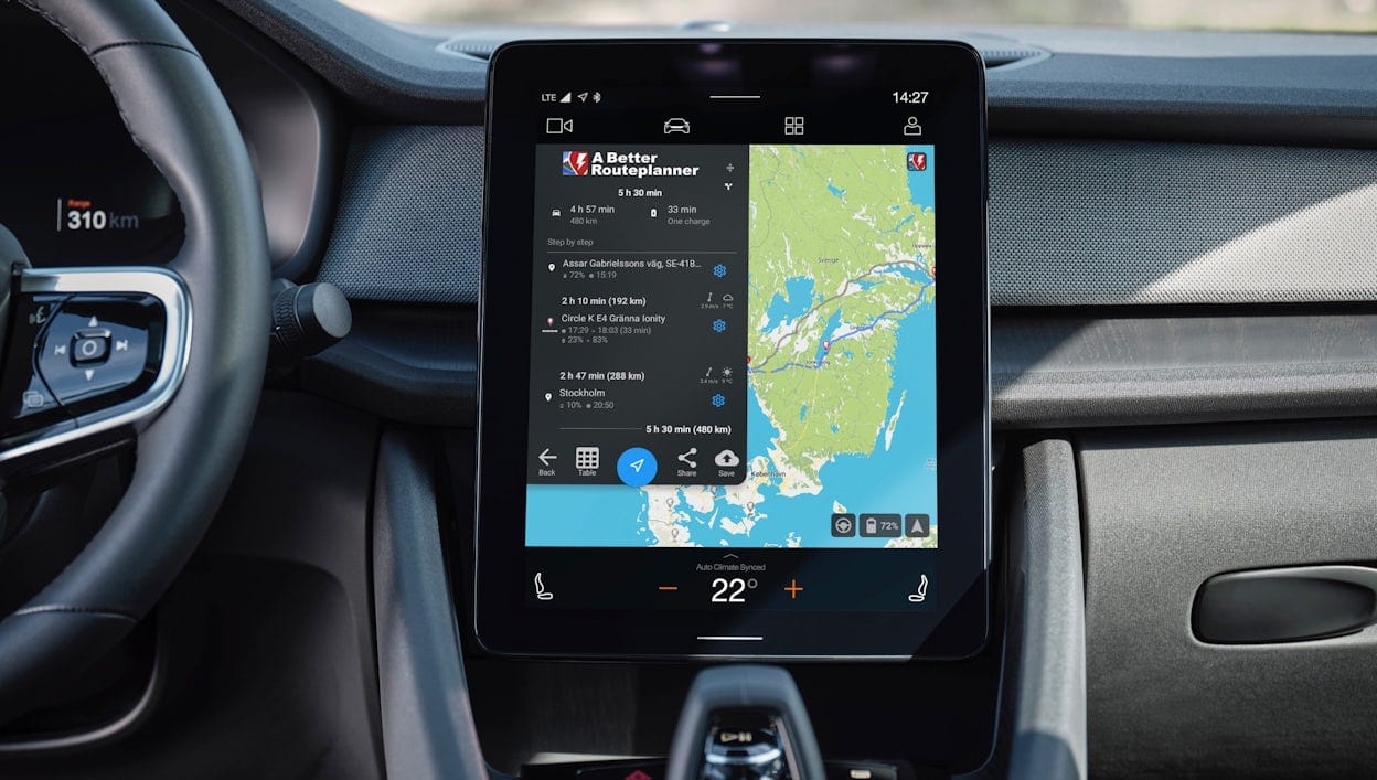 In-car display in a Polestar car showing the route planning app.