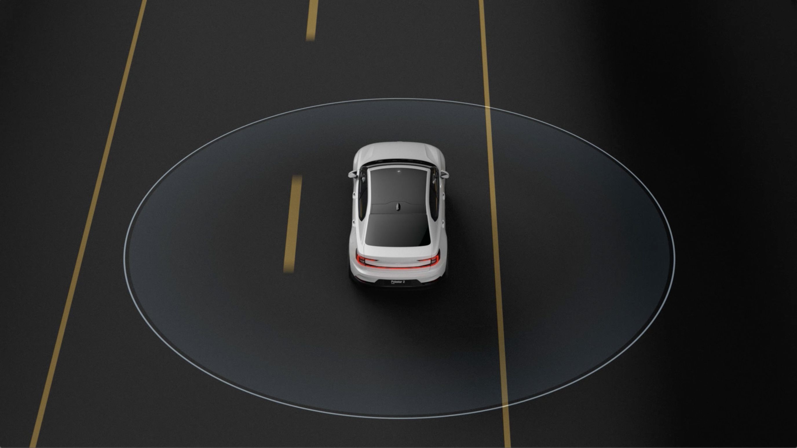 Illustration showing function of safety assistance while Polestar 2 driving on road 