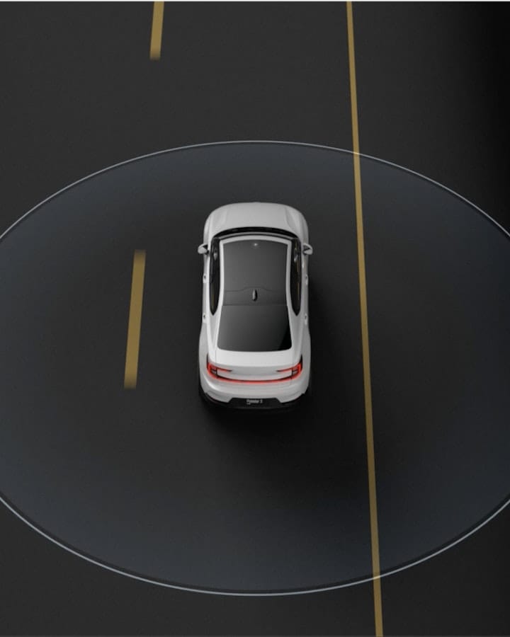 Animation of Polestar 2 on road with 360º camera visibility